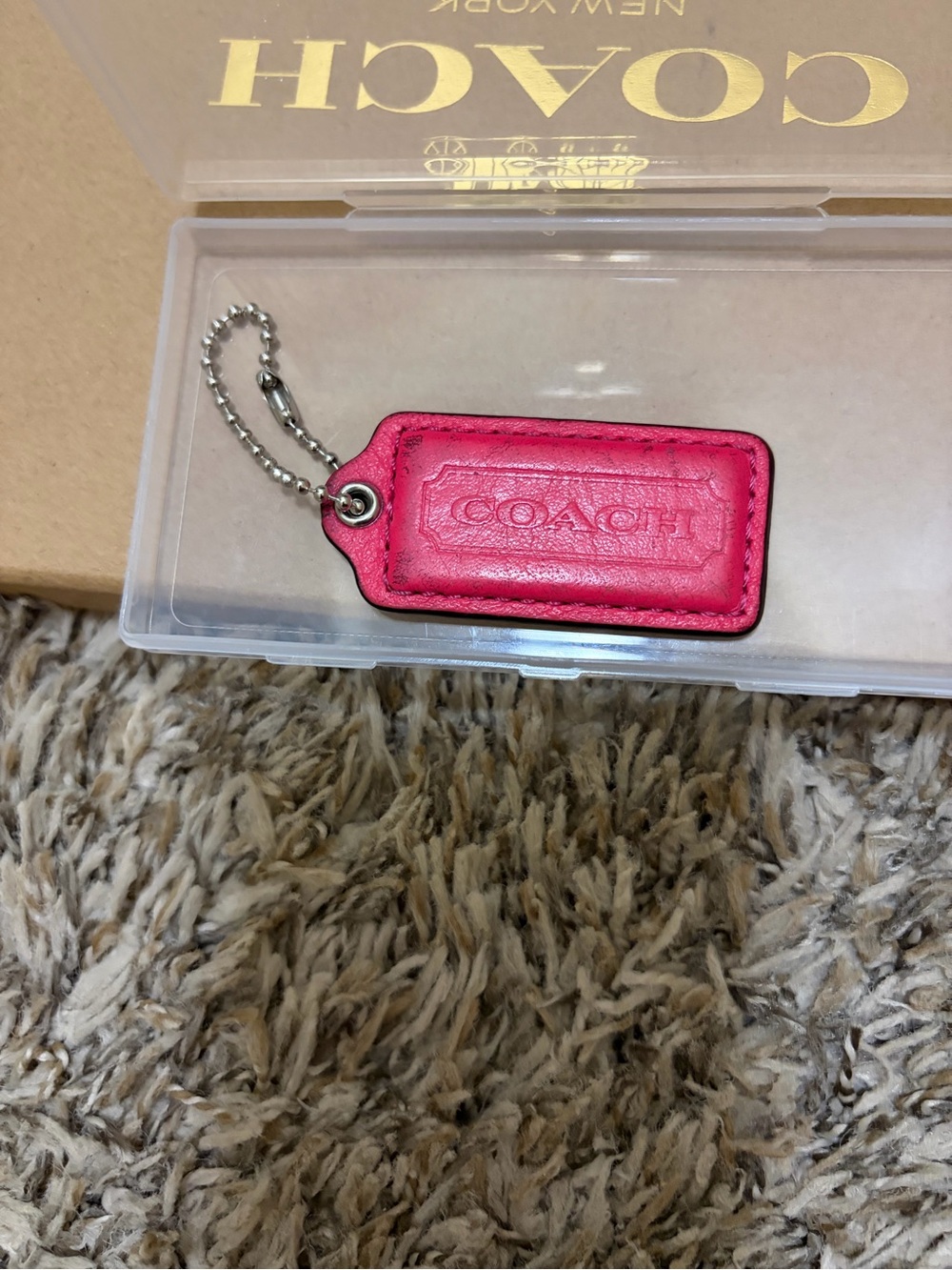 COACH Hot Pink Leather Tag Keychain Charm with Ball Chain